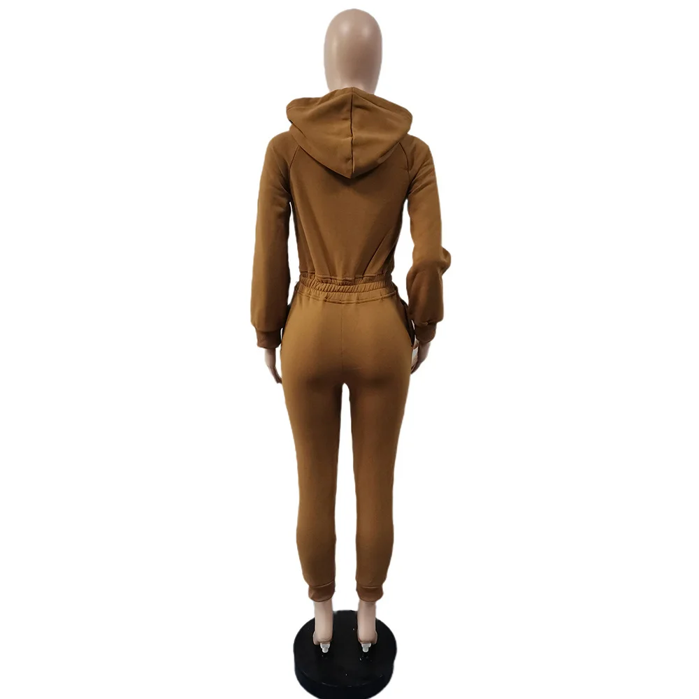 

Black/brown Zip-up Sportswear Workout Jumpsuit Women Casual Hooded Full Sleeve Long Romper Activewear Ladies One Piece Overall