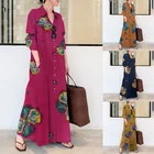 Женское платье из хлопка и льна, топ с отворотами и принтом, длинный жакет с длинными рукавами и карманами, простая свободная длинная рубашка в литературном стиле для отдыха, размера плюс