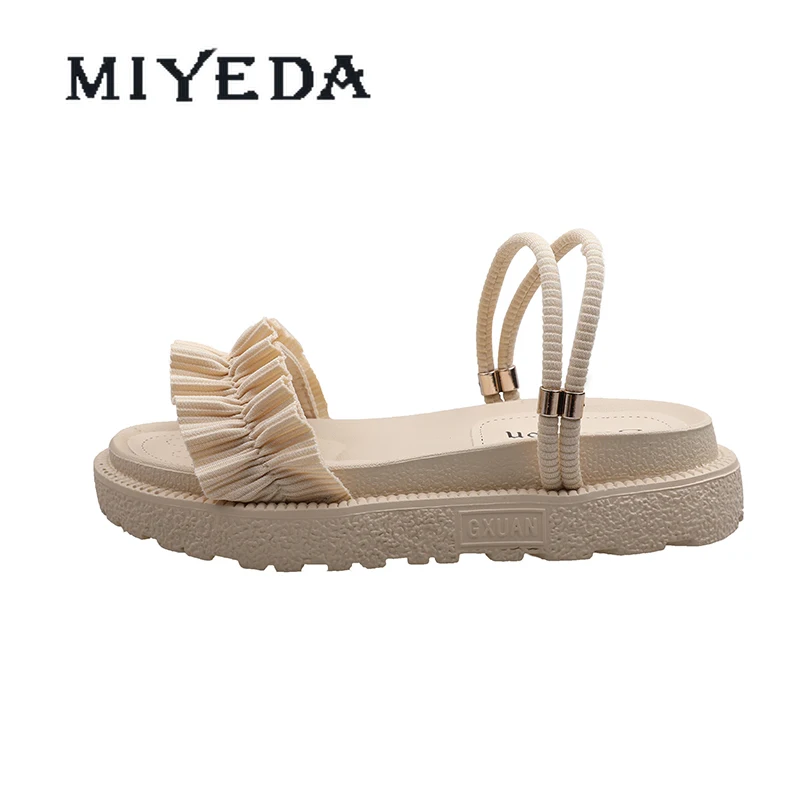 

MIYEDA Women Summer Sandals Slip-On Shallow Back Strap Female Wedges Sweet Style Comfortable Casual Ruffles Woman Shoes