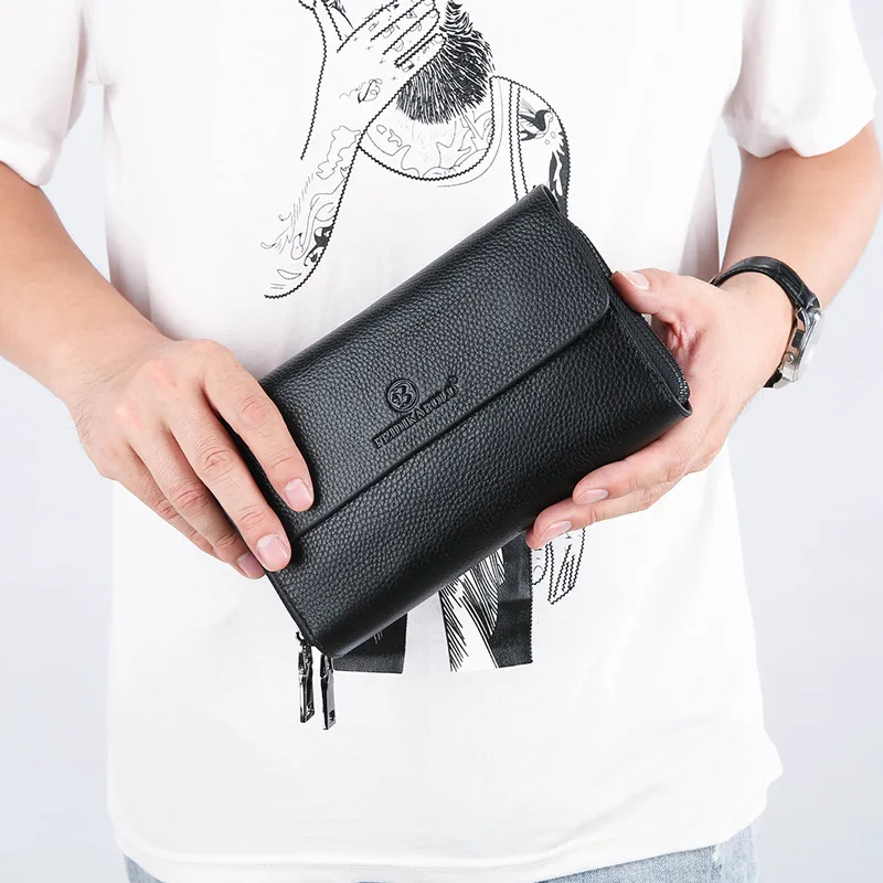 Men's Cowhide Day Clutch New Design Double Zips Long Wallet Male Big Capacity Business Handbag Phone Case