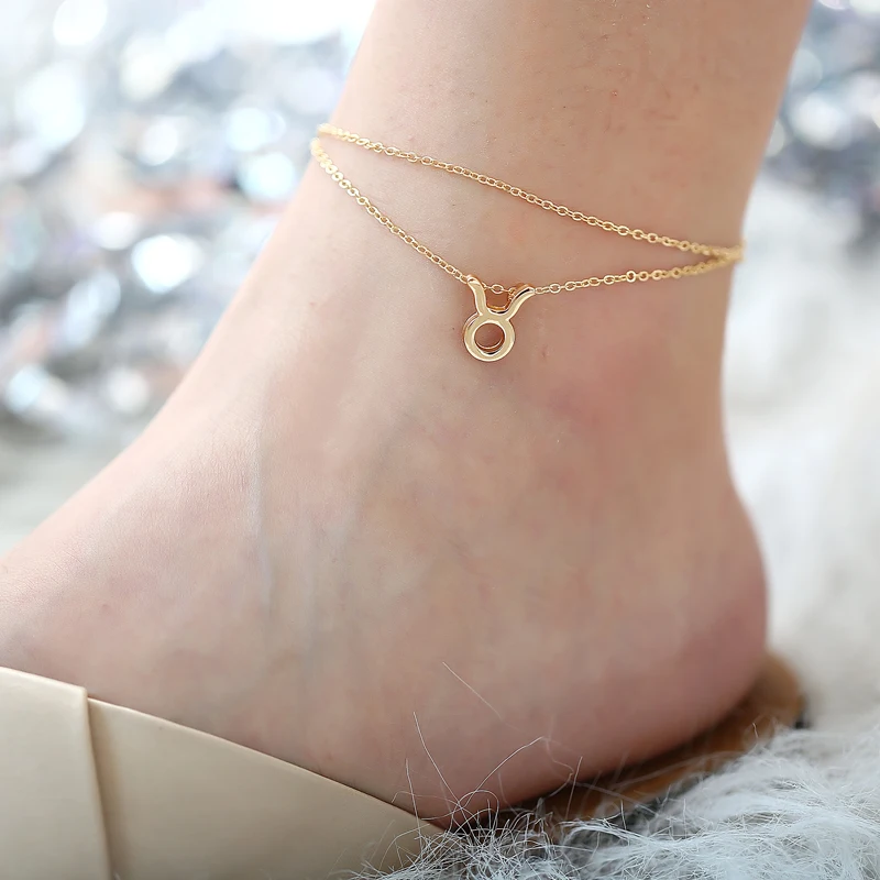 Multilayer 12 Constellation Zodiac Sign Anklets for Women Girl Gold Beach Ankle Bracelet On Leg Fashion Jewelry 2019 Gifts | Украшения и