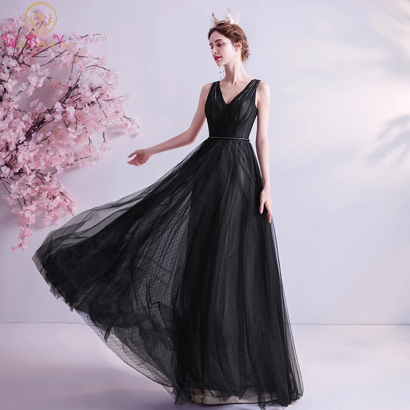 

Вечернее платье из тюля, черное, ТРАПЕЦИЕВИДНОЕ, с V-образным вырезом, без рукавов, для выпускного вечера, 2020