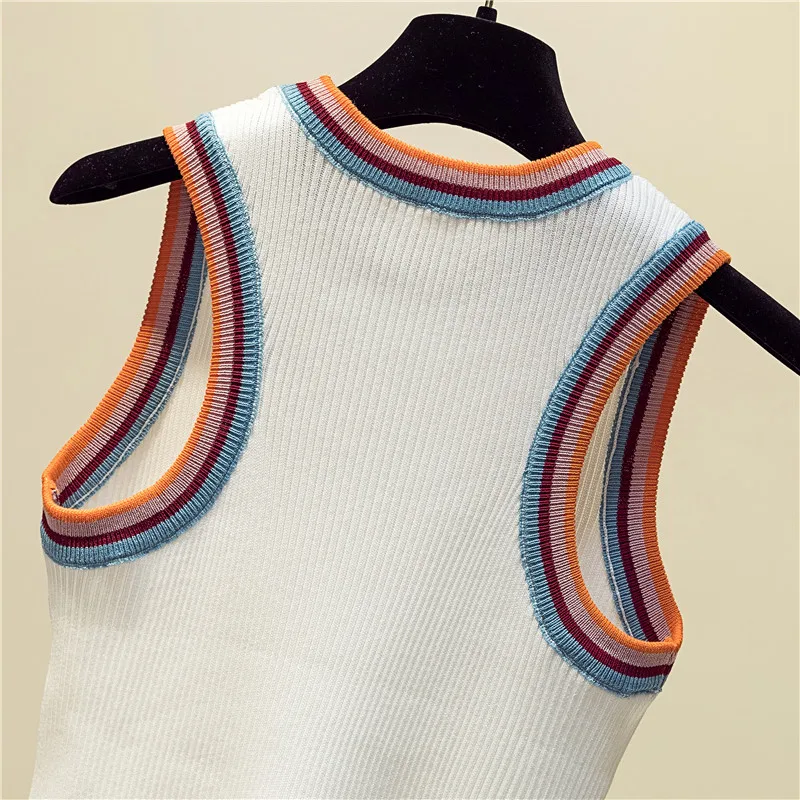women Striped Color collision knitted vest female lady Girls suspenders waistcoats thin summer ice silk sleeveless Tank Tops