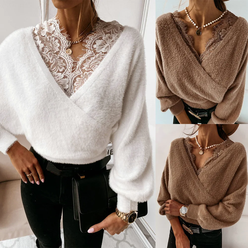 

Sexy Plush T-Shirts Women New Autumn Solid Lace Strap Patchwork See Through V-Neck Backless Long Sleeve Pullover Slim Short Tops