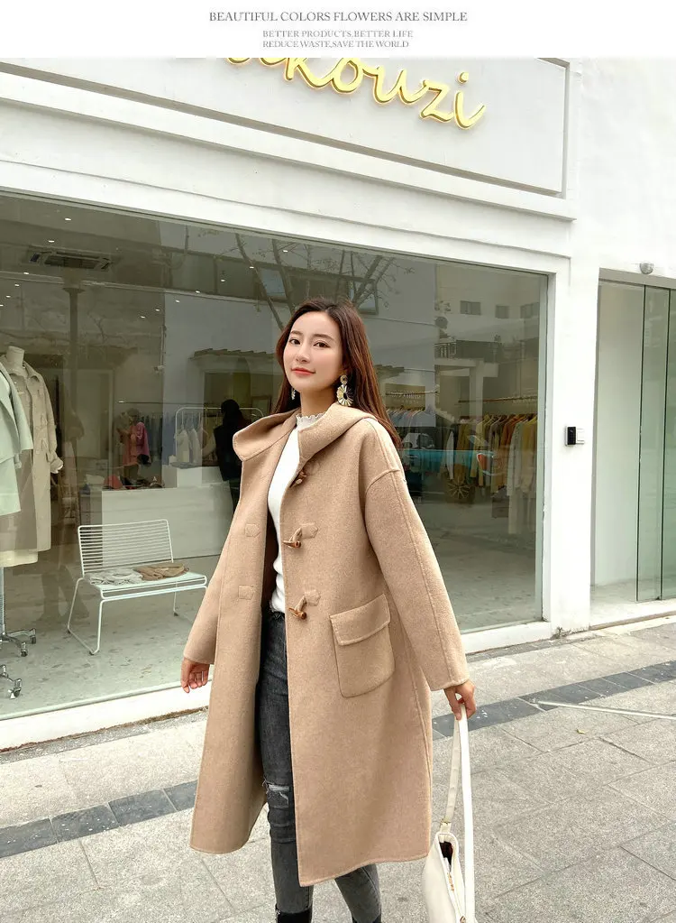 

2020 new woolen coat women long Camel horn buckle double-sided cashmere coat women double sided wool coat woollen trench women