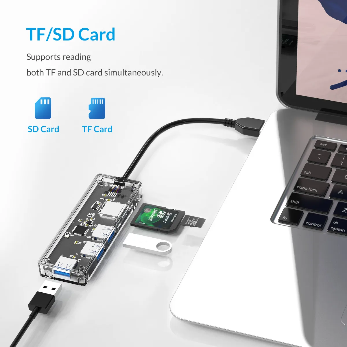 ORICO Mini 4 порта USB 3,0 концентратор прозрачный высокоскоростной SD TF кард-ридер OTG адаптер сплиттер для MacBook ноутбука планшета компьютера