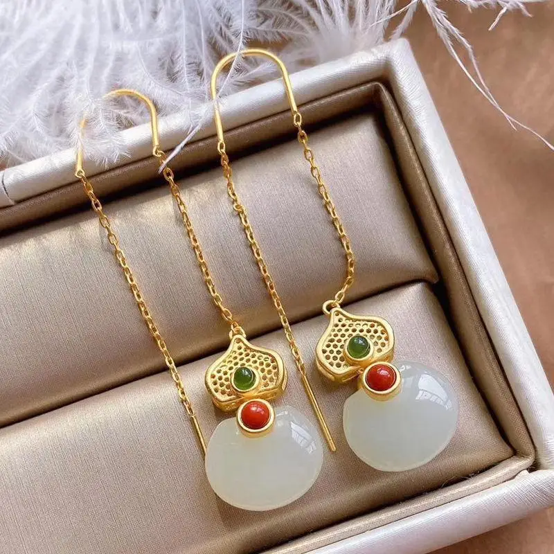

Jade Gourd Earrings Women's Sterling Silver Hetian Jade Earrings Elegant Long Complex Classical Ancientry Earrings Chinese Style