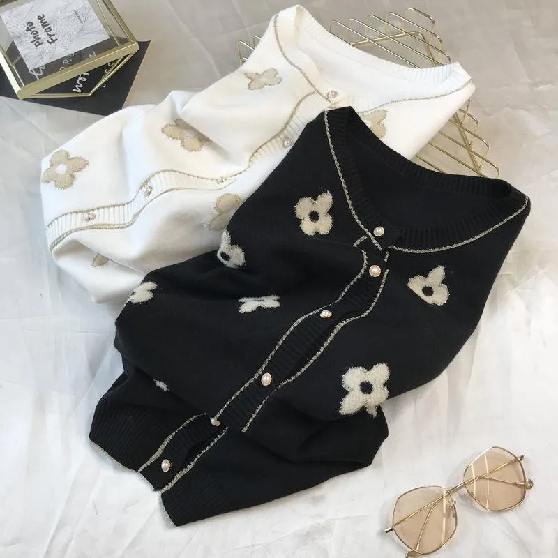 

Xiaoxiangfeng Sweater Cardigan Women's Thin 2021 Spring New Bright Silk Gold Line Round Neck Knitted Top