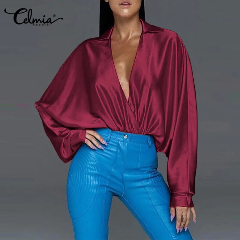 

Celmia 2021 Fashion Satin Blouse Women Long Sleeve Sexy V-Neck Tunic Elegant Blouses Casual Solid Slik Tops Streetwear Clothes