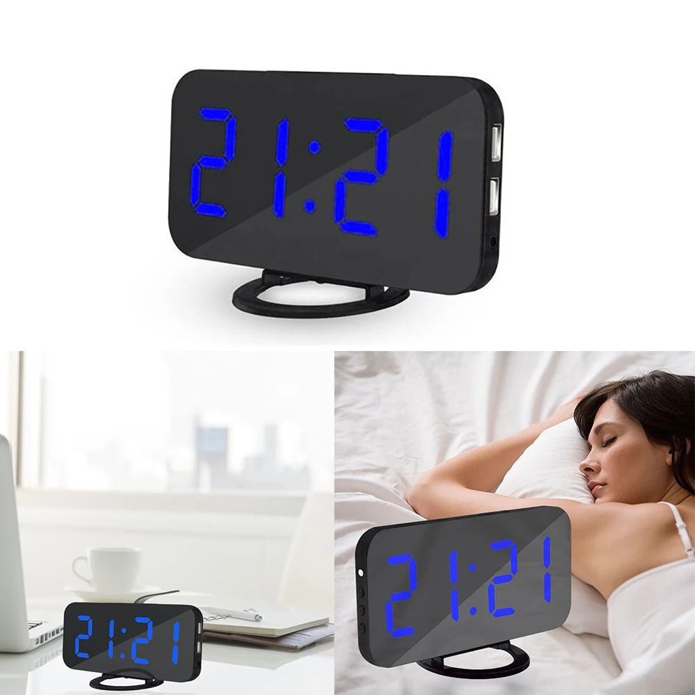 

Двойные цифровые светодиодные часы с USB-кабелем, цифровые часы-будильник, светодиодные зеркальные часы, многофункциональный дисплей с повт...