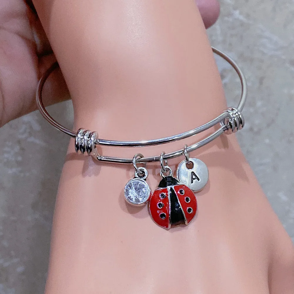 

A-Z 26 Initial Letter Fashion Trendy Red Ladybug Bangle Jewelry Cute Cartoon Animal Bracelet For Women Girl Party Birthday Gift