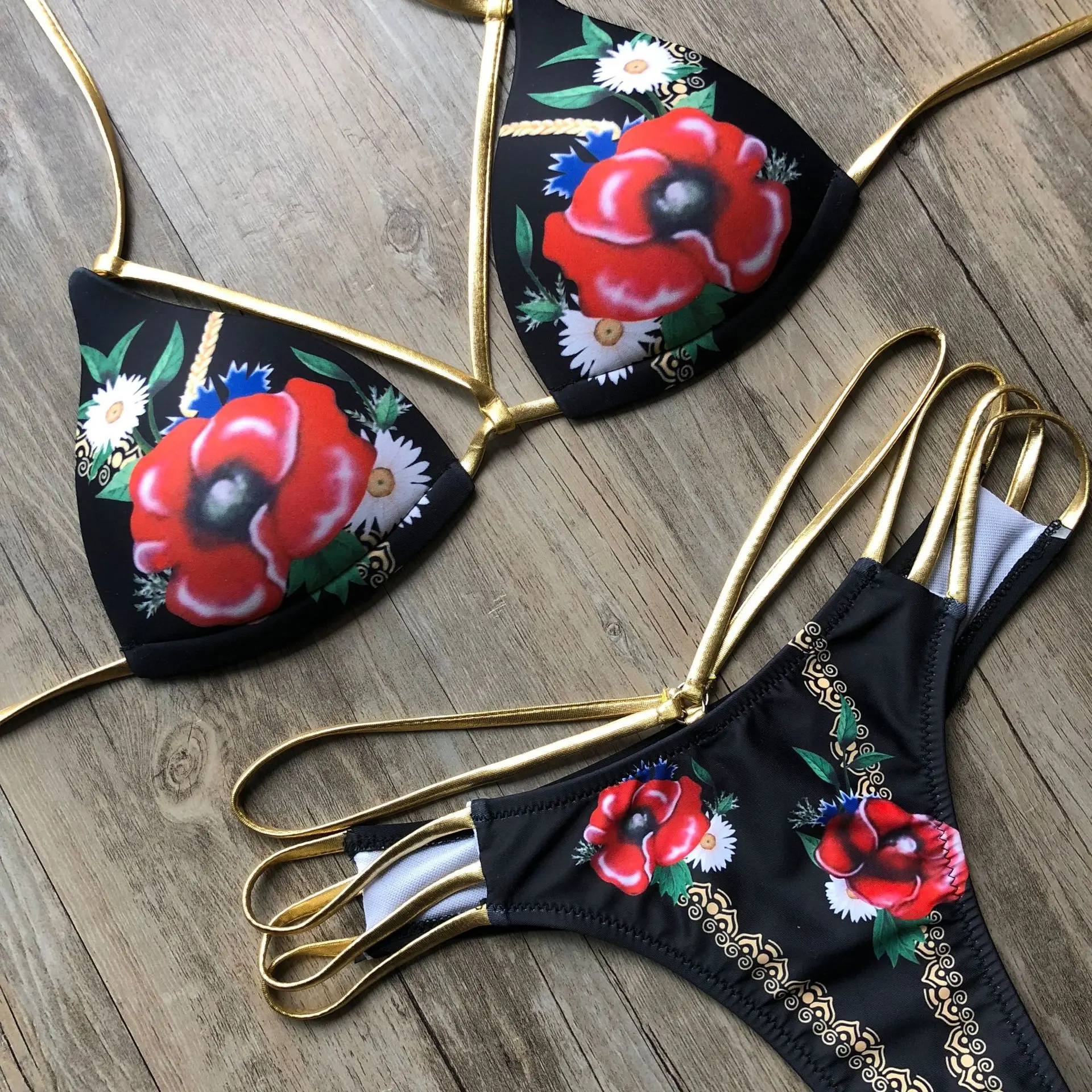

Vintage Printed Bikini Set Women Push Up Floral Biquini Sexy String Swimwear Swimsuit Padded Female Backless 2 Pcs Bathing Suit