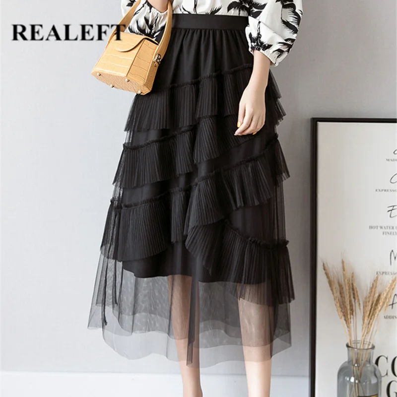 REALEFT Весна 2020 новые женские элегантные длинные юбки с неровной сеткой Harajuku
