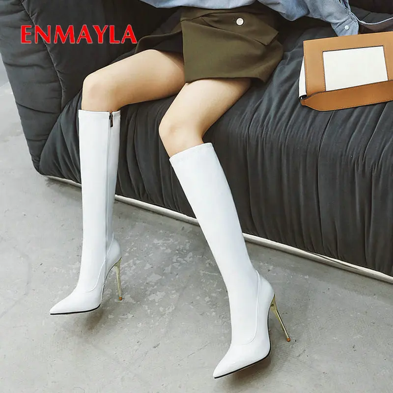 

ENMAYLA 2019 Patent Leather Winter Boots Women Slip-On Sexy Thin High Heels Mid-Calf Boots Pointed Toe Basic Women Shoes 34-43
