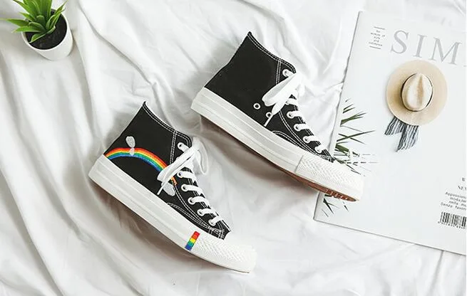 

Кеды женские высокие, мультяшный рисунок единорога, высокие кроссовки, платформа, радужные, белые, осень 2020