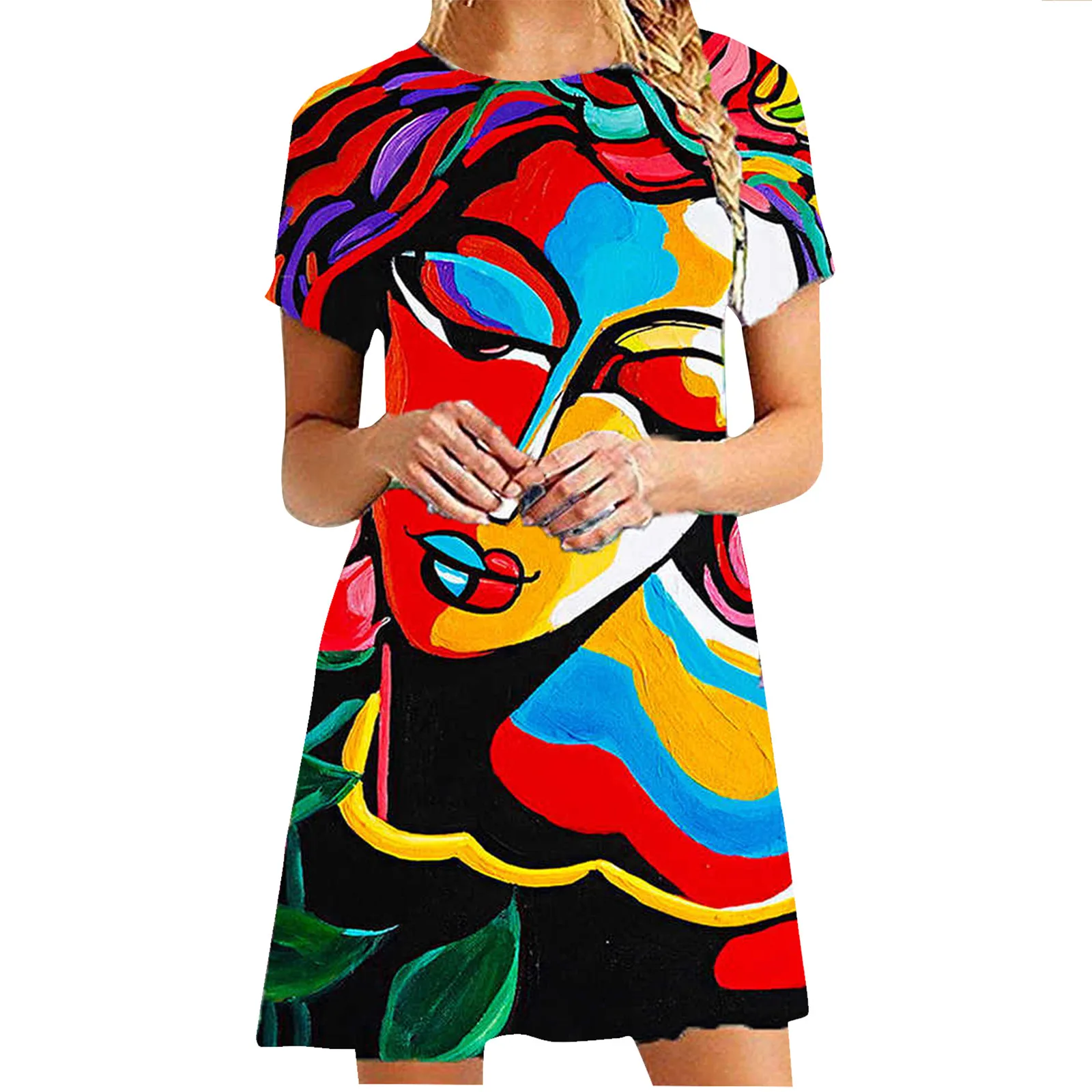 

Fashion Print Dresses Casual Short Sleeve Women's summer sundresses O-neck Loose Knee-Length Dresses robe