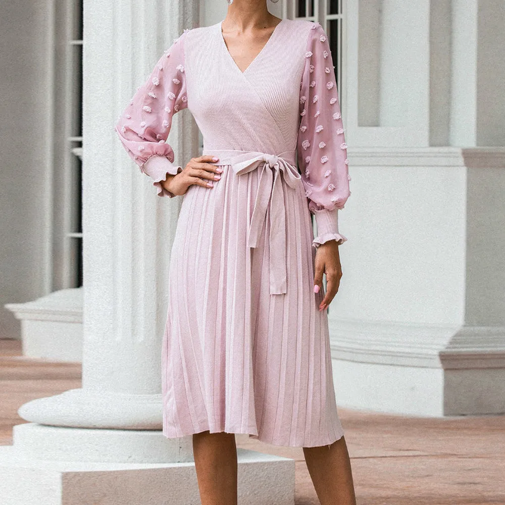 

Pink Patchwork Sweater Women's Dress Chiffon Embroidery Ruffle Sleeve V Neck Elegant Office Lady Wear Knit Sweater Dresses Women
