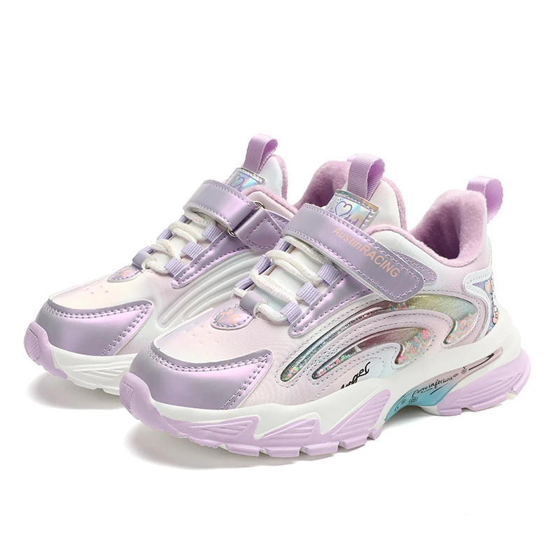 

Girls Sweet Pink And Purple Princess Shoes Classic Velcro Casual Shoes Plus Velvet Warm Cotton Shoes For Children Autumn Winter