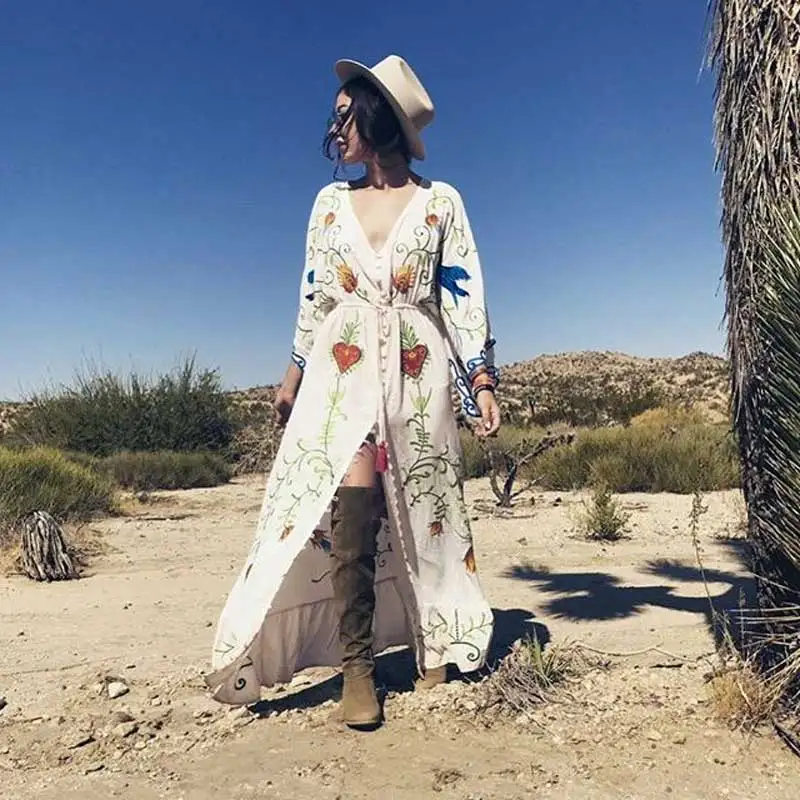 TEELYNN white maxi dress Vintage cotton floral Embroidery dresses sexy deep V-neck beach Elastic waist brand women | Женская одежда