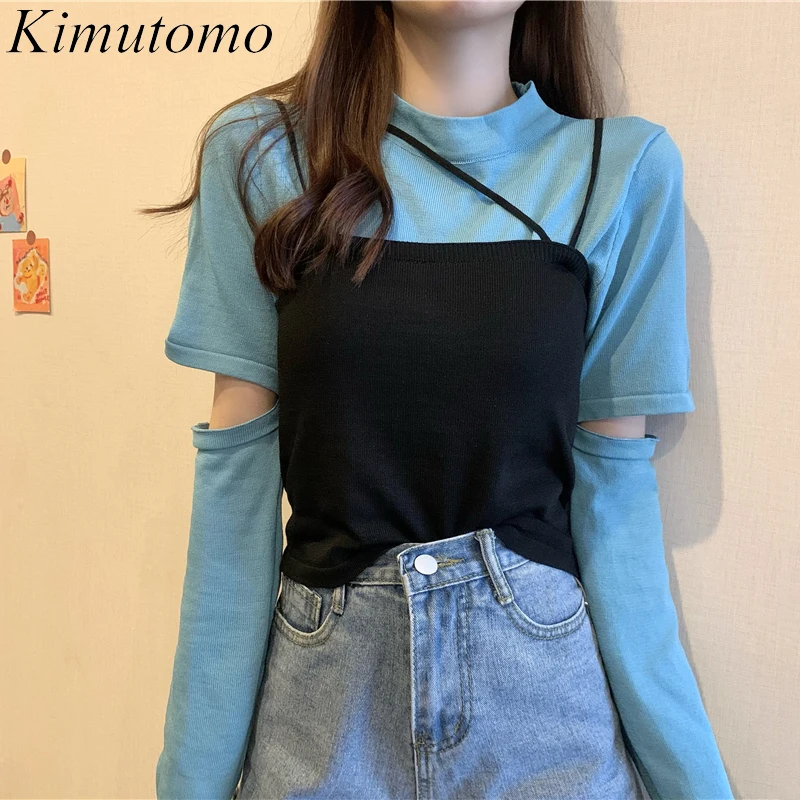 

Женские комплекты Kimutomo, весна-осень 2021, корейский милый темпераментный женский облегающий костюм с короткими рукавами и прострочкой