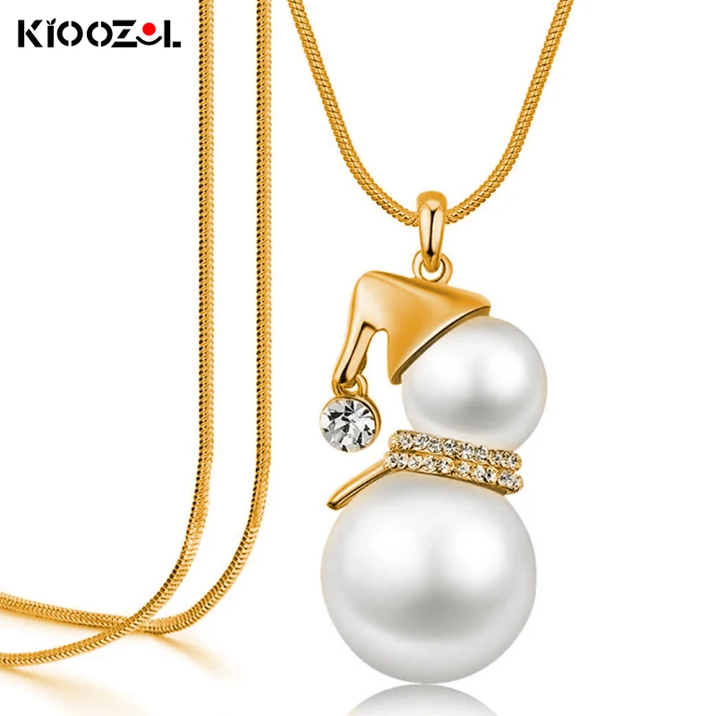 

KIOOZOL Snowman Shape Solid Pearl Pendant Micro Inlay CZ Gold Silver Color Long Necklace Christmas Jewelry Gift ZD1 XS3