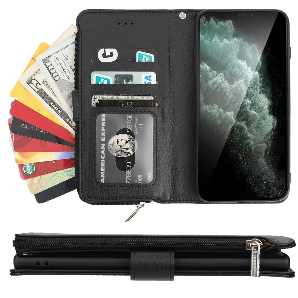 Многофункциональный кожаный чехол-кошелек на молнии с магнитной застежкой для