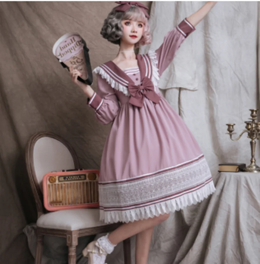 

Женское готическое платье с высокой талией, винтажное кружевное платье с бантом и матросским воротником в стиле «Лолита», 2019