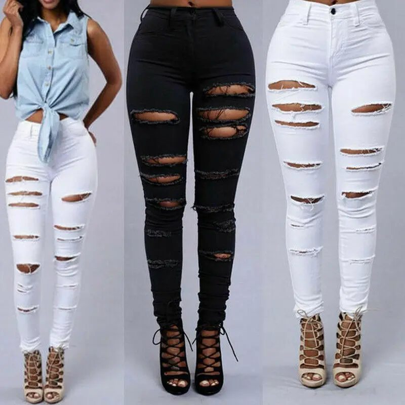 

Женские джинсовые узкие джинсы с высокой талией, состаренные джеггинсы, брюки стрейч, рваные джинсовые брюки