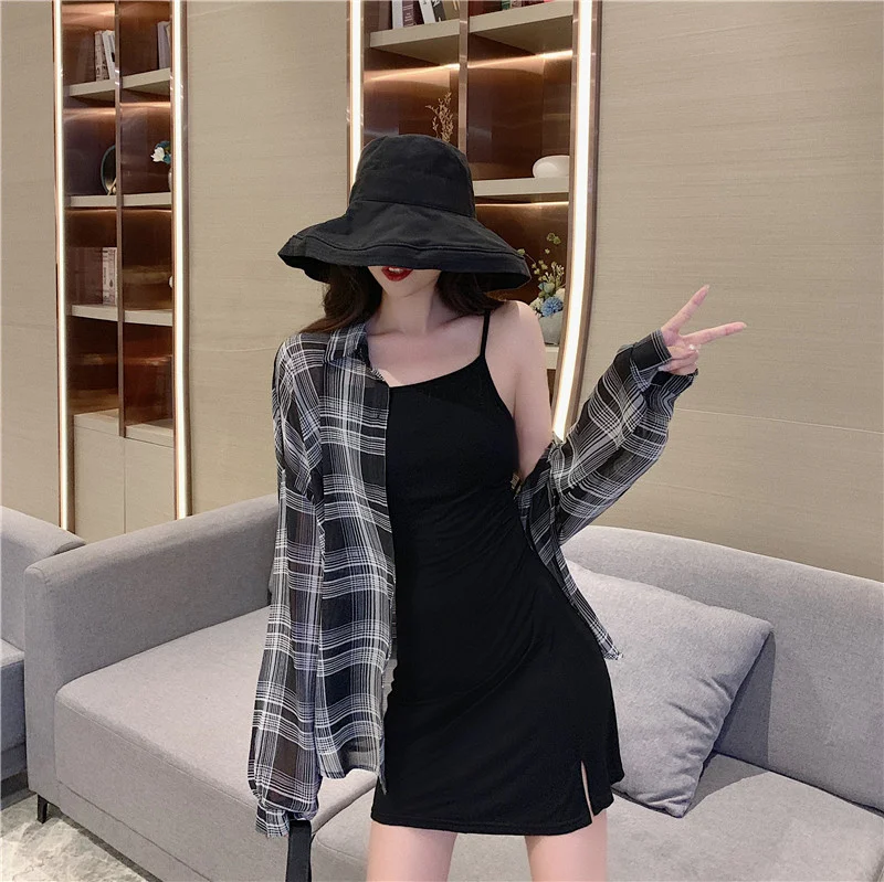 Модный костюм с юбкой по цене Тонкая Клетчатая Солнцезащитная куртка рубашка и