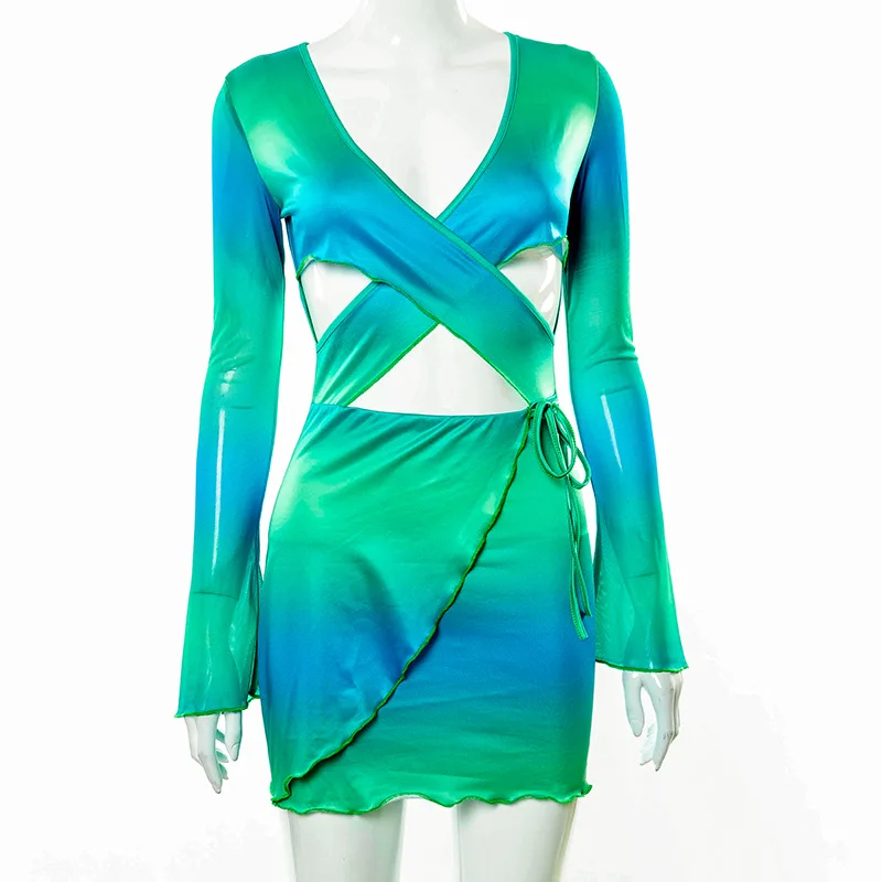 

Women'S Summer Dresses Mini Long Sleeve Strappy Corset Hollow Out Sexy Bodycon Dress Ladies 2021 Blue Tie Dye Beach Outfit