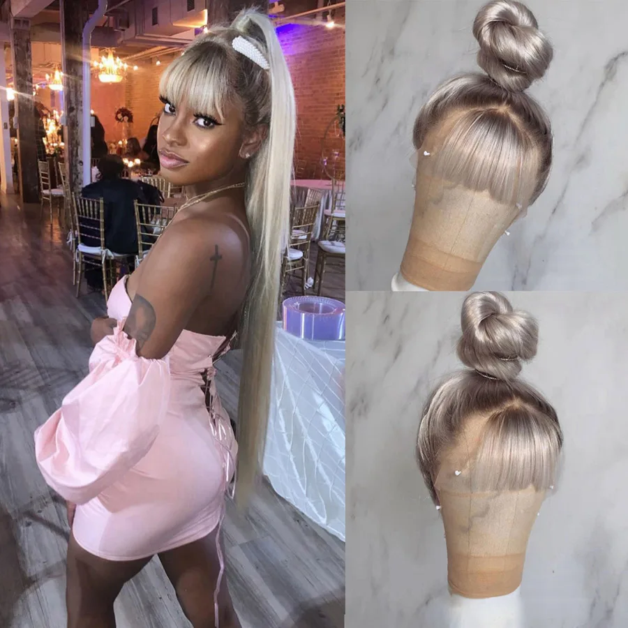 Ombre Blonde COLODO 2" бесклеевой светлые Синтетические волосы на кружеве парик 13x4 Реми бразильские парики с челкой 150% плотность эффектом деграде(переход от темного к парики из натуральных волос для черный Для женщин - Цвет: Ombre Blonde