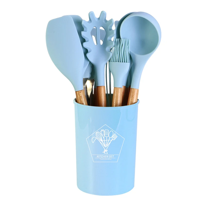 

Silicone Cooking Utensils Kitchen Utensil Set Non-stick Spatula Wooden Handle With Storage Box