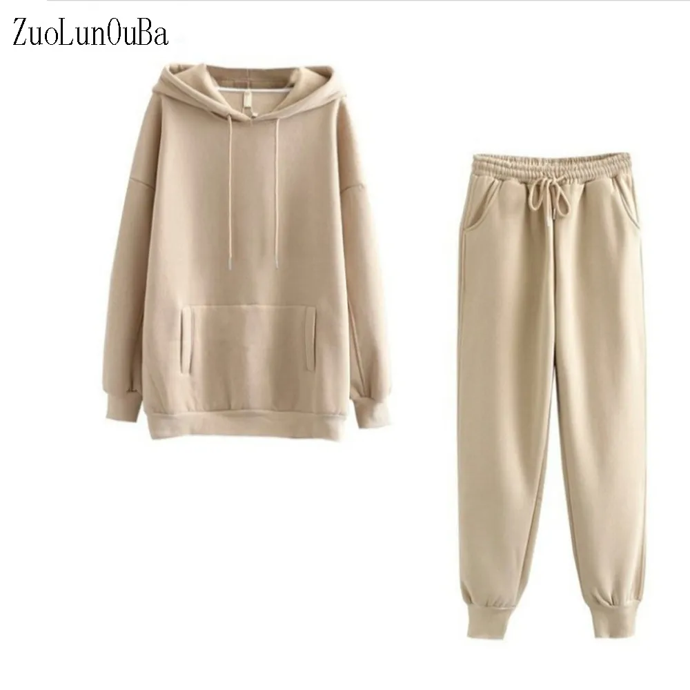 Autumn Winter Women Sweatshirt Thick Fleece Suit 2 Pieces Khaki Long Sleeve Pullover Loose Sets Hoodies And Elastic Pants Suits