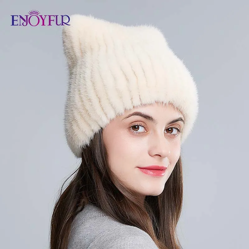 ENJOYFUR, натуральный мех норки, шапки для женщин, зимние, женские, вязаные, мех норки, шапки, милые уши, головные уборы, шапочки - Цвет: 09