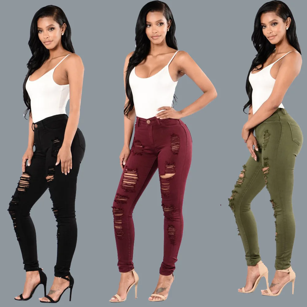 

Women Sexy Slim Ripped Knees Jeans Stylish Holed Beggar Pencil Pants Elastic Denim Trousers Full Length Colored Distressed Jeans