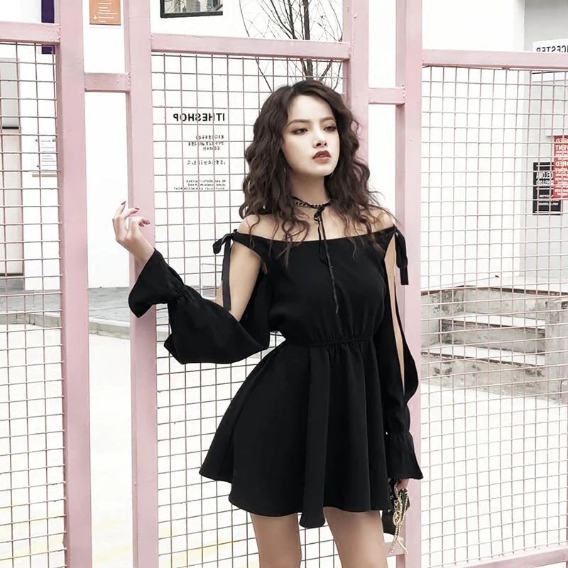 Женское мини платье Ruibbit черное ажурное с длинным рукавом в стиле панк на весну и