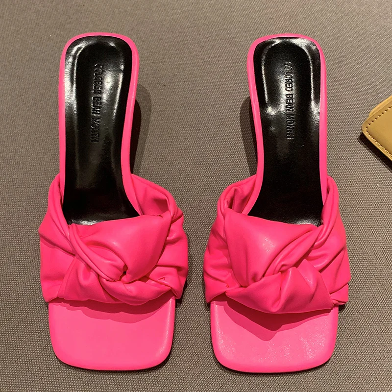 

2021 New Summer Square Toe Women Slippers Fashion Thin High Heels Ladies Mules Slippers Female Outside Slides Sandals Shoes