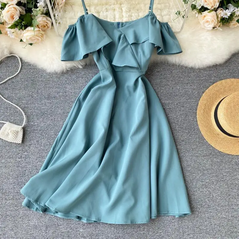 

2021 New Spring Summer Women's Casual Dress Spaghetti Strap High Waist Slash Neck Solid Fashion Ruffle Ladies Dress
