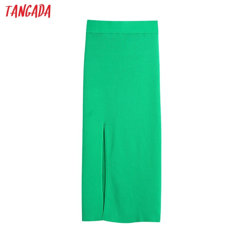 

Tangada Women Green Knit Midi Skirt Faldas Mujer Vintage Strethy Waist Office Ladies Elegant Chic Mid Calf Skirts BE953