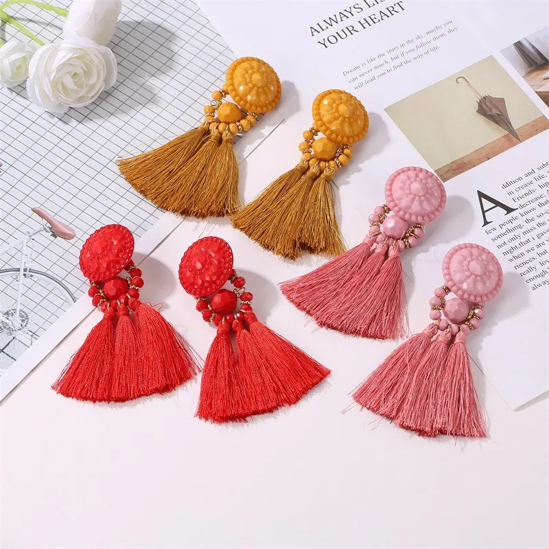 Богемные серьги с кисточками и кристаллами длинные висячие для женщин бахромой