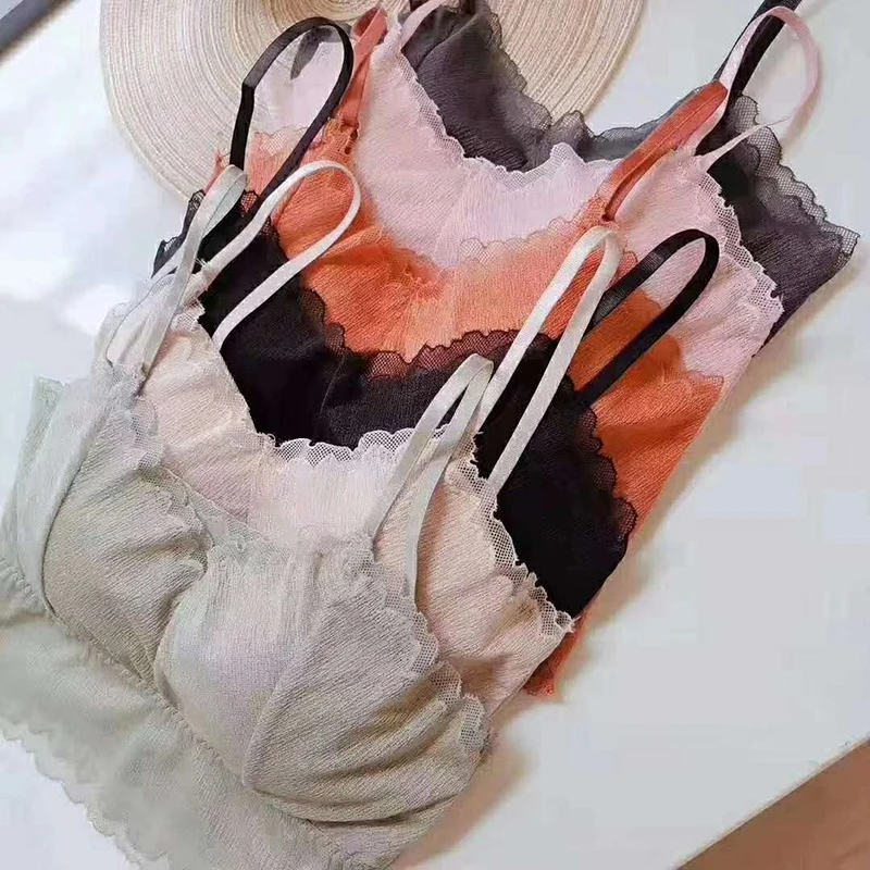 

Women Camisole Retro Lace Ruffles Trim Vest Fashion Wild Sexy Sling Tank Tops With Padded Bralette