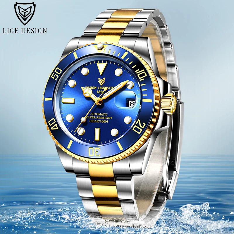 40 мм LIGE дизайн синий циферблат светящийся сапфир Нержавеющая сталь ободок