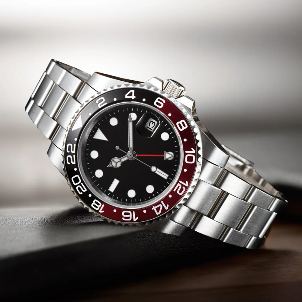 Мужские часы с автоматическим чёрным и красным циферблатом из нержавеющей