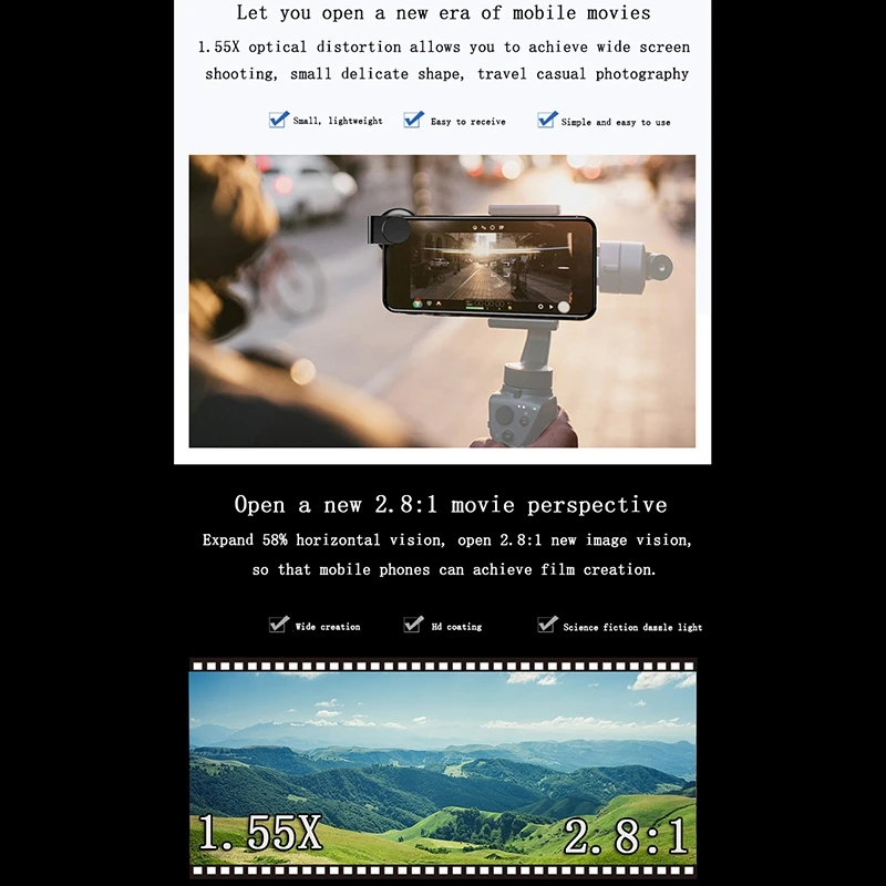 

Universal 1.55X Anamorphic Phone Lens for iPhone XS Max X Huawei P20 Pro Mate Movie Shoo