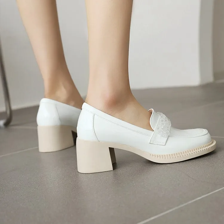 

Spring 2021 new chunky heel, middle heel, low cut single shoe, ladies' large size crystal flower leather shoes