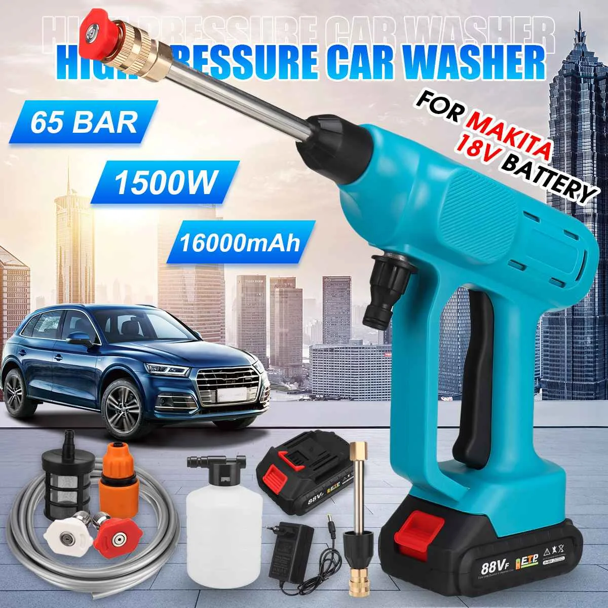 

1500W 88VF Cordless High Pressure Washer Spray Water Gun Car Wash Pressure Water Nozzle Cleaning Machine for Makita 18V Battery