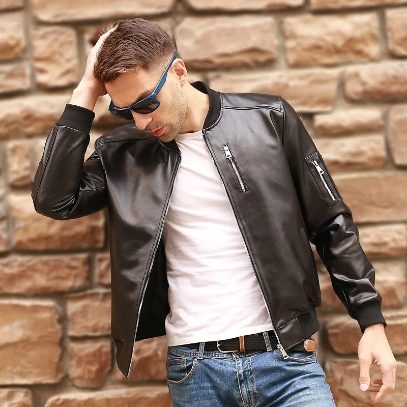 Мужская летная куртка из натуральной овечьей кожи черная облегающая пилот на