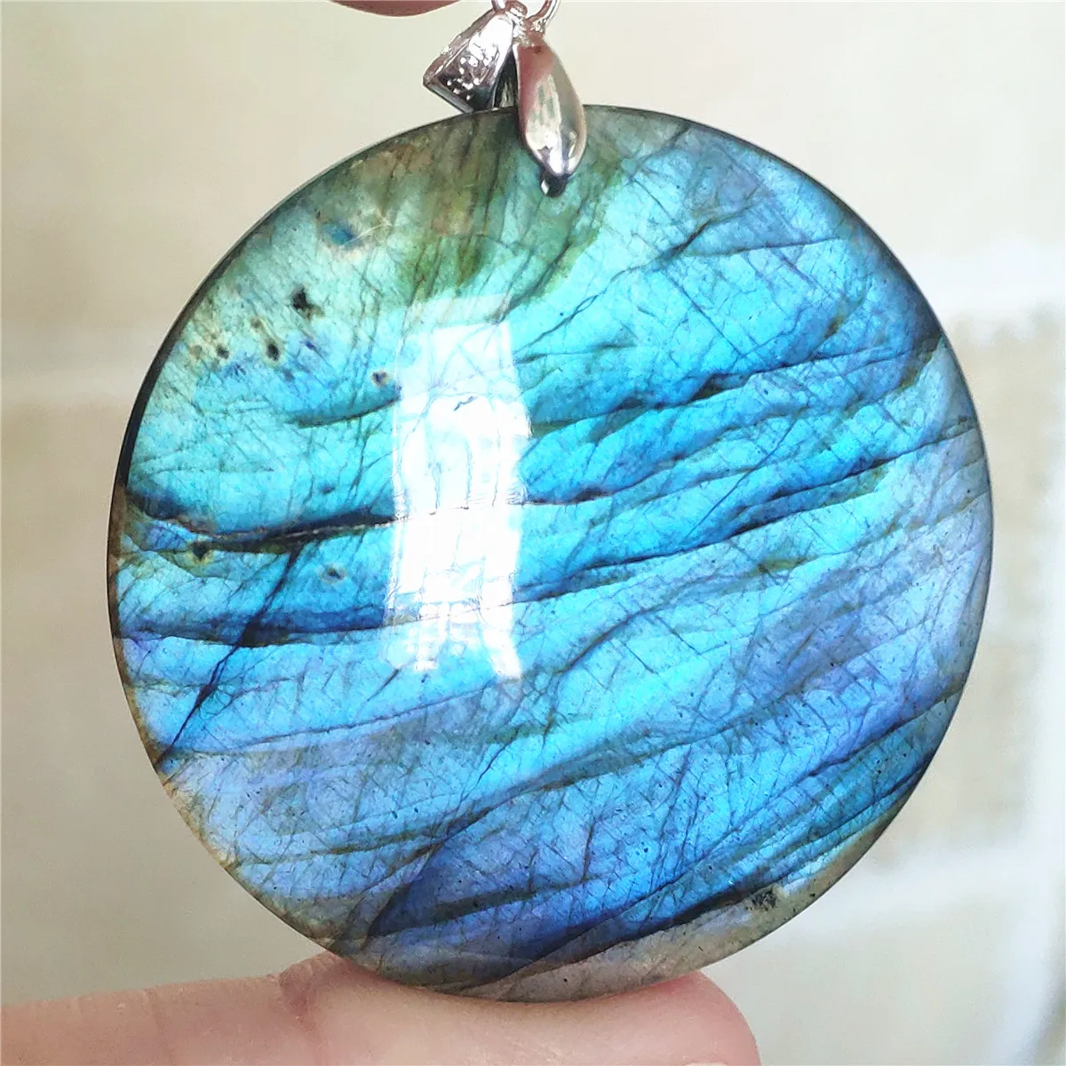 

Genuine Natural Labradorite Blue Light Women Men Round Pendant 47x47x7mm Labradorite Necklace Gemstone Rare Jewelry AAAAA