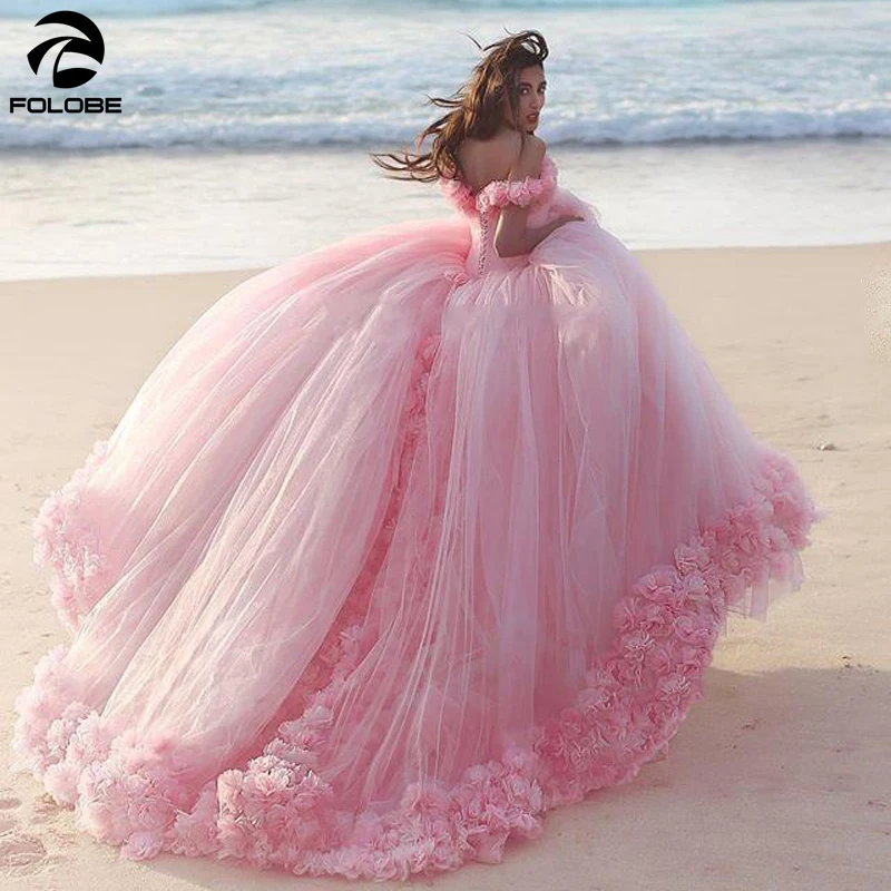 New Puffy 2020 Pink Quinceanera Gowns Princess Cinderella Formal Long Ball Gown Off Shoulder 3D Flowers sweet 16 dress | Свадьбы и