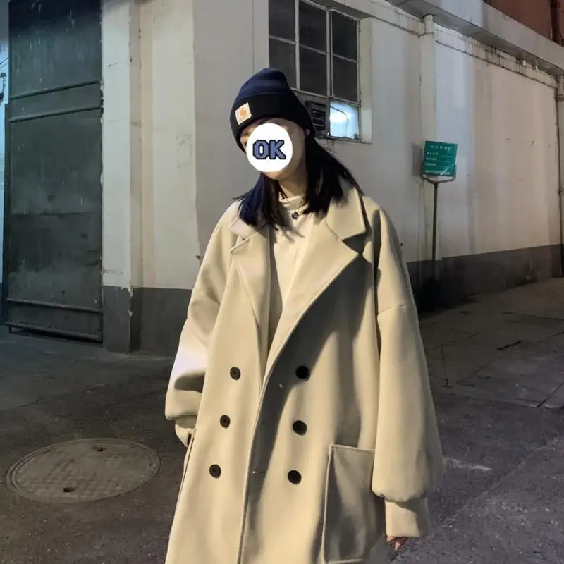 

Autumn winter new mid-length woolen coat women loose Oversize jacket Korean fashion trend all-match casual woman jackets
